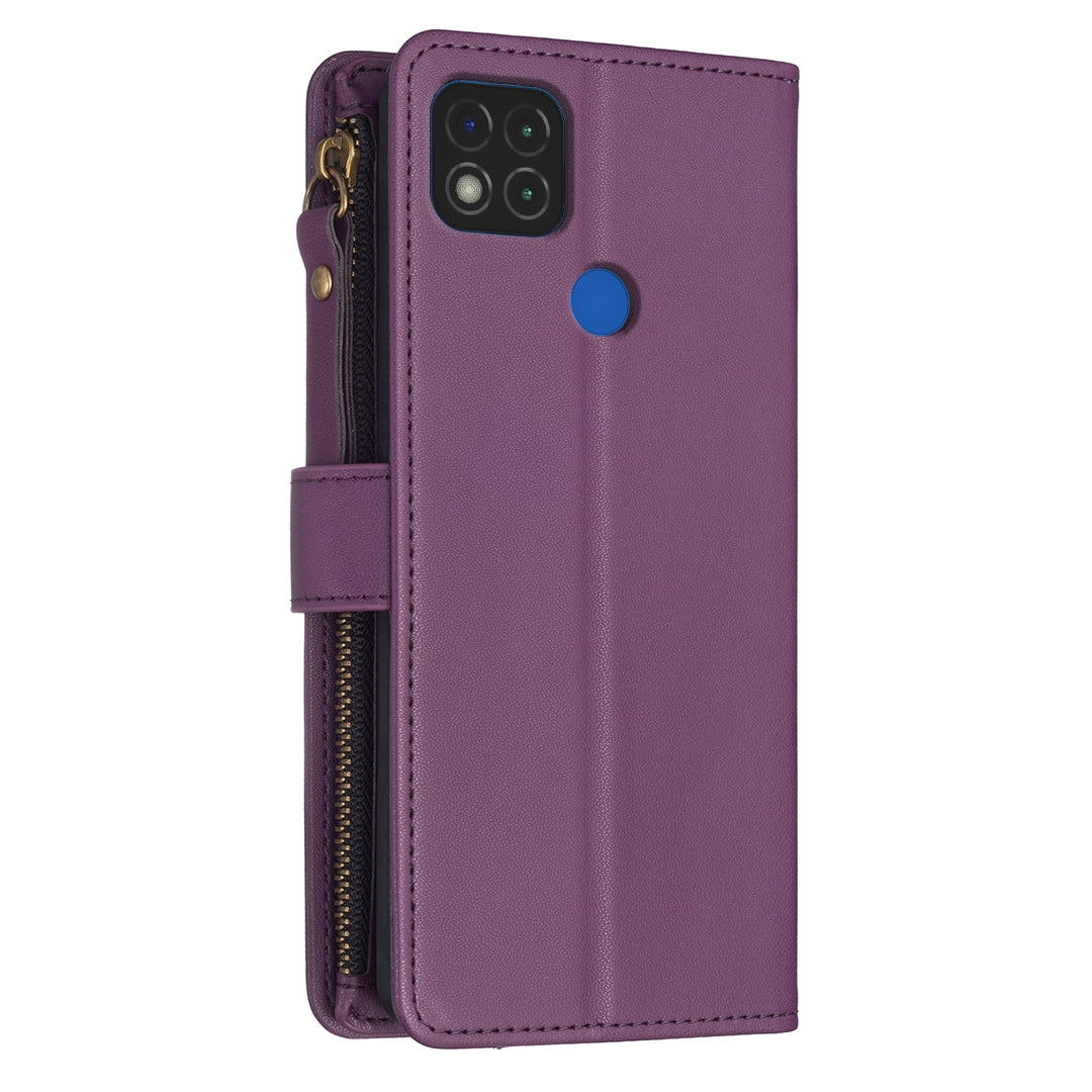 Xiaomi Redmi 9C Leather Flip Wallet Phone Case with 9 Card Slots, Zipper Compartment, and Adjustable Stand