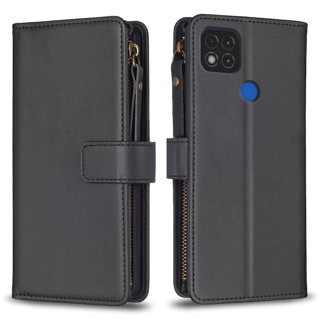 Xiaomi Redmi 9C Leather Flip Wallet Phone Case with 9 Card Slots, Zipper Compartment, and Adjustable Stand