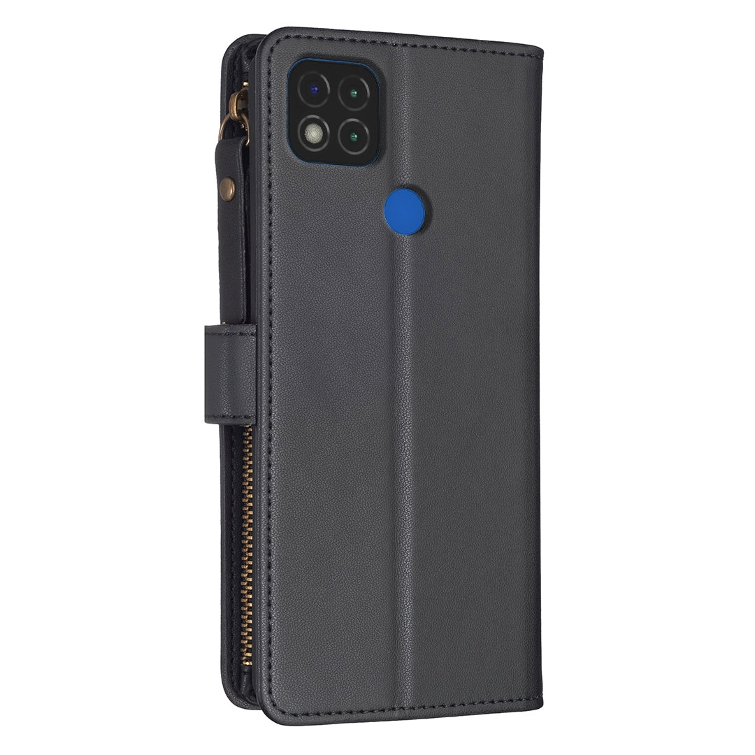 Xiaomi Redmi 9C Leather Flip Wallet Phone Case with 9 Card Slots, Zipper Compartment, and Adjustable Stand