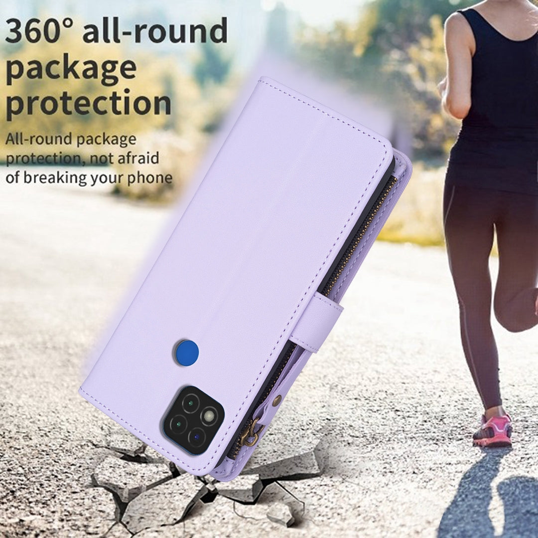 Xiaomi Redmi 9C Leather Flip Wallet Phone Case with 9 Card Slots, Zipper Compartment, and Adjustable Stand