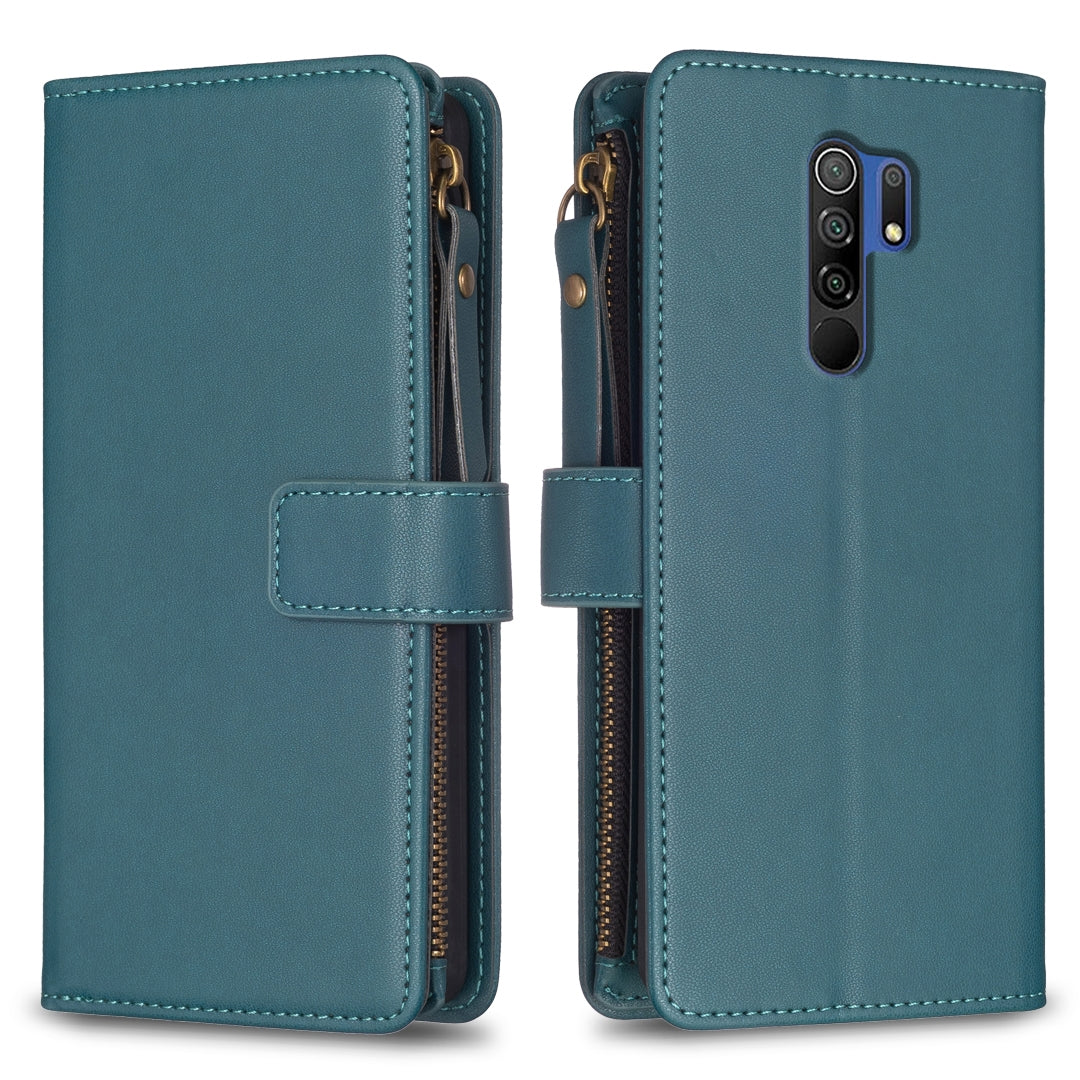 Xiaomi Redmi 9 Leather Flip Wallet Phone Case with 9 Card Slots, Zipper Compartment, and Adjustable Stand