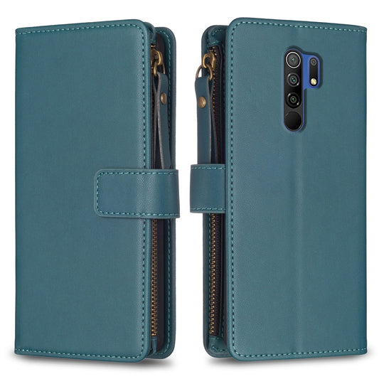 Xiaomi Redmi 9 Leather Flip Wallet Phone Case with 9 Card Slots, Zipper Compartment, and Adjustable Stand