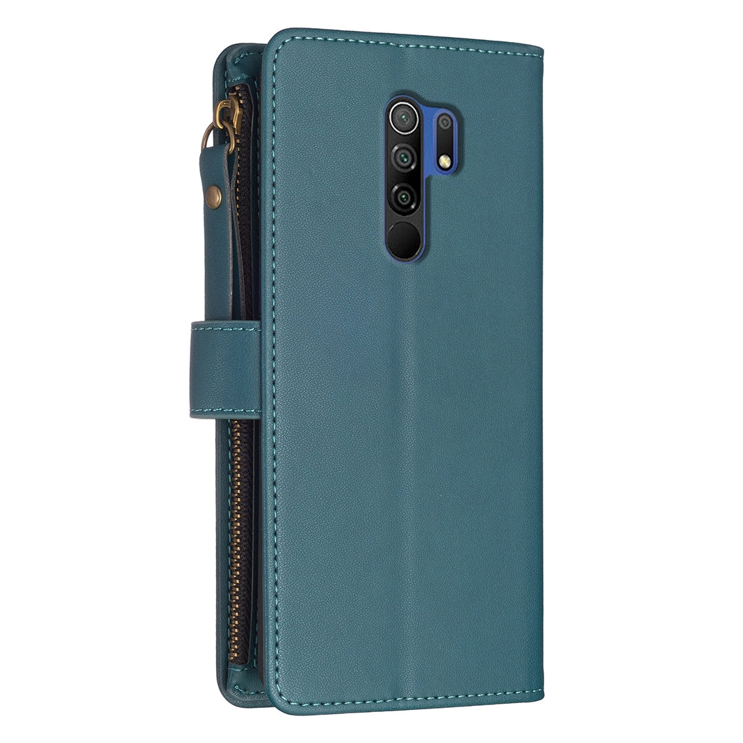 Xiaomi Redmi 9 Leather Flip Wallet Phone Case with 9 Card Slots, Zipper Compartment, and Adjustable Stand