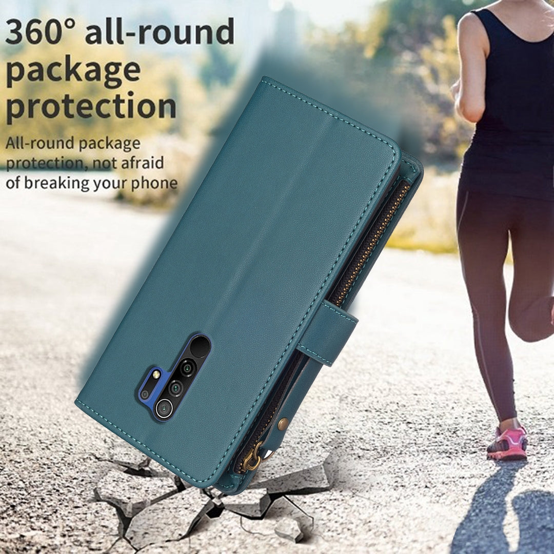 Xiaomi Redmi 9 Leather Flip Wallet Phone Case with 9 Card Slots, Zipper Compartment, and Adjustable Stand