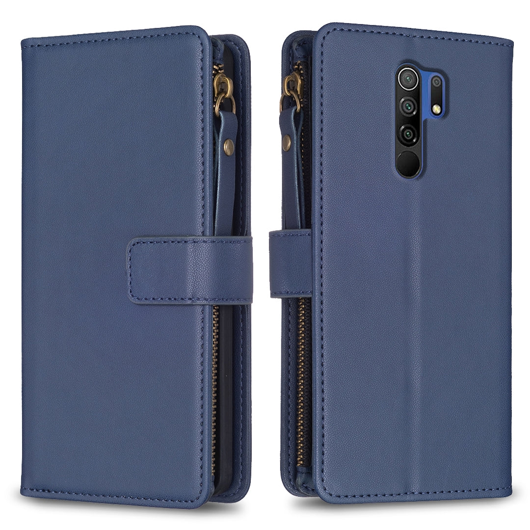 Xiaomi Redmi 9 Leather Flip Wallet Phone Case with 9 Card Slots, Zipper Compartment, and Adjustable Stand