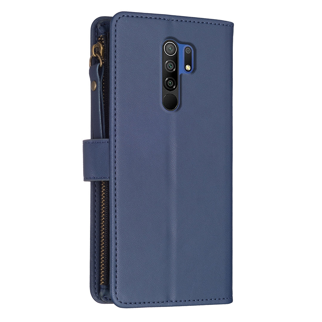 Xiaomi Redmi 9 Leather Flip Wallet Phone Case with 9 Card Slots, Zipper Compartment, and Adjustable Stand
