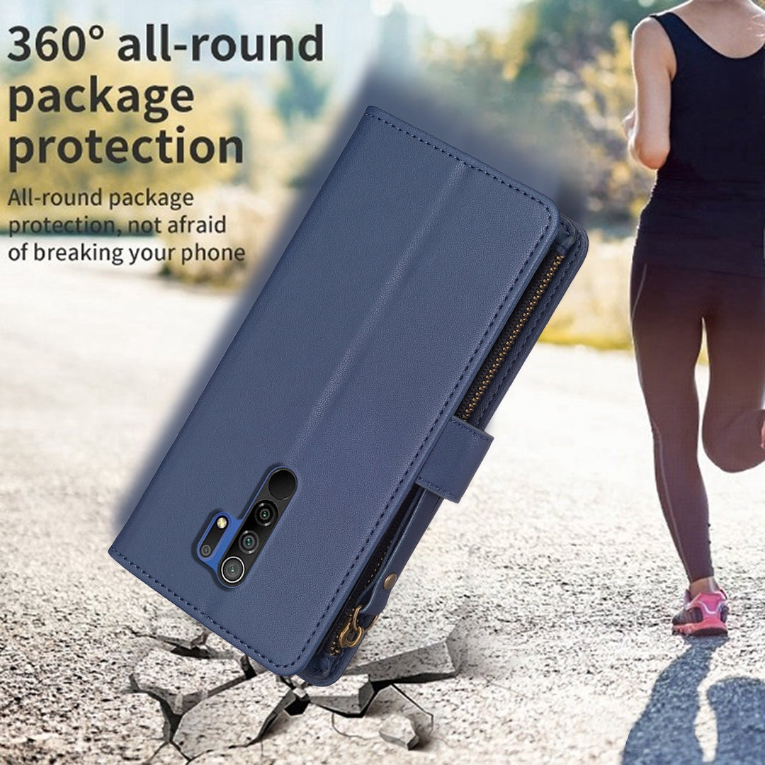 Xiaomi Redmi 9 Leather Flip Wallet Phone Case with 9 Card Slots, Zipper Compartment, and Adjustable Stand