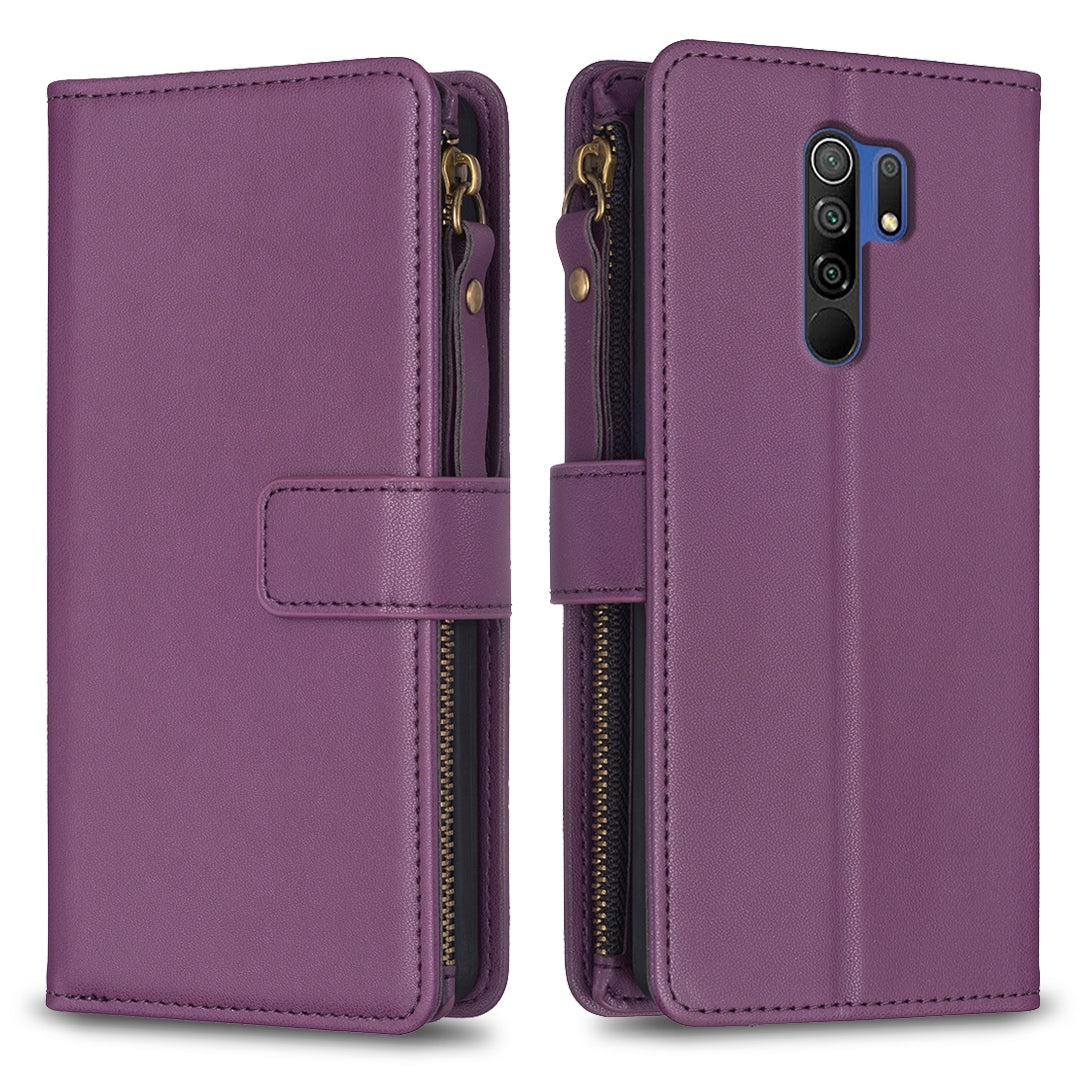 Xiaomi Redmi 9 Leather Flip Wallet Phone Case with 9 Card Slots, Zipper Compartment, and Adjustable Stand