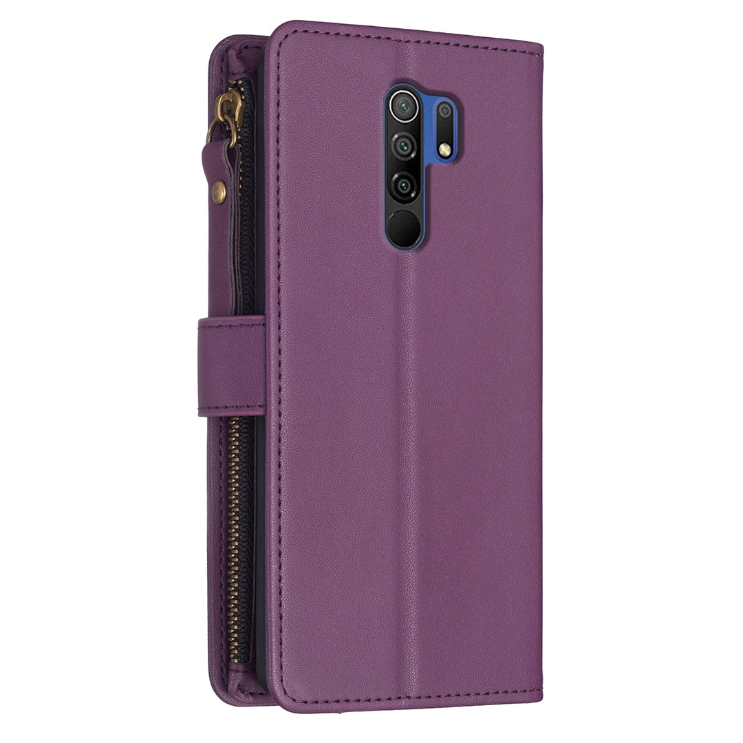 Xiaomi Redmi 9 Leather Flip Wallet Phone Case with 9 Card Slots, Zipper Compartment, and Adjustable Stand