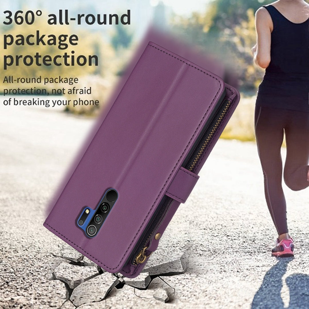 Xiaomi Redmi 9 Leather Flip Wallet Phone Case with 9 Card Slots, Zipper Compartment, and Adjustable Stand