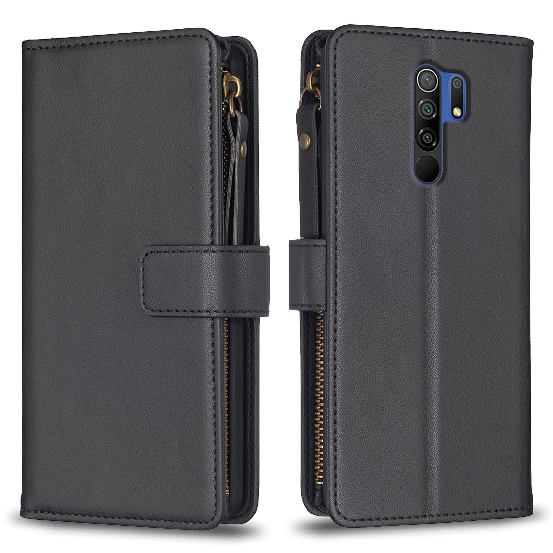 Xiaomi Redmi 9 Leather Flip Wallet Phone Case with 9 Card Slots, Zipper Compartment, and Adjustable Stand