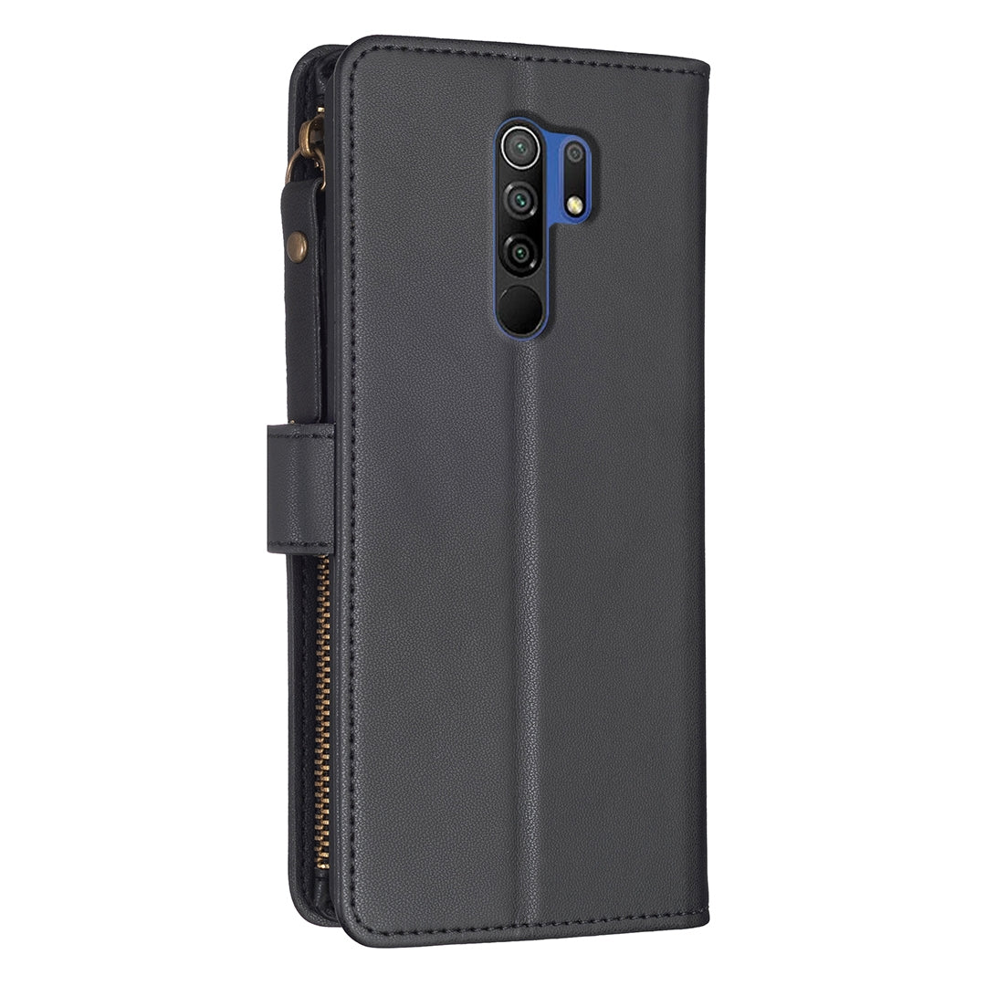 Xiaomi Redmi 9 Leather Flip Wallet Phone Case with 9 Card Slots, Zipper Compartment, and Adjustable Stand