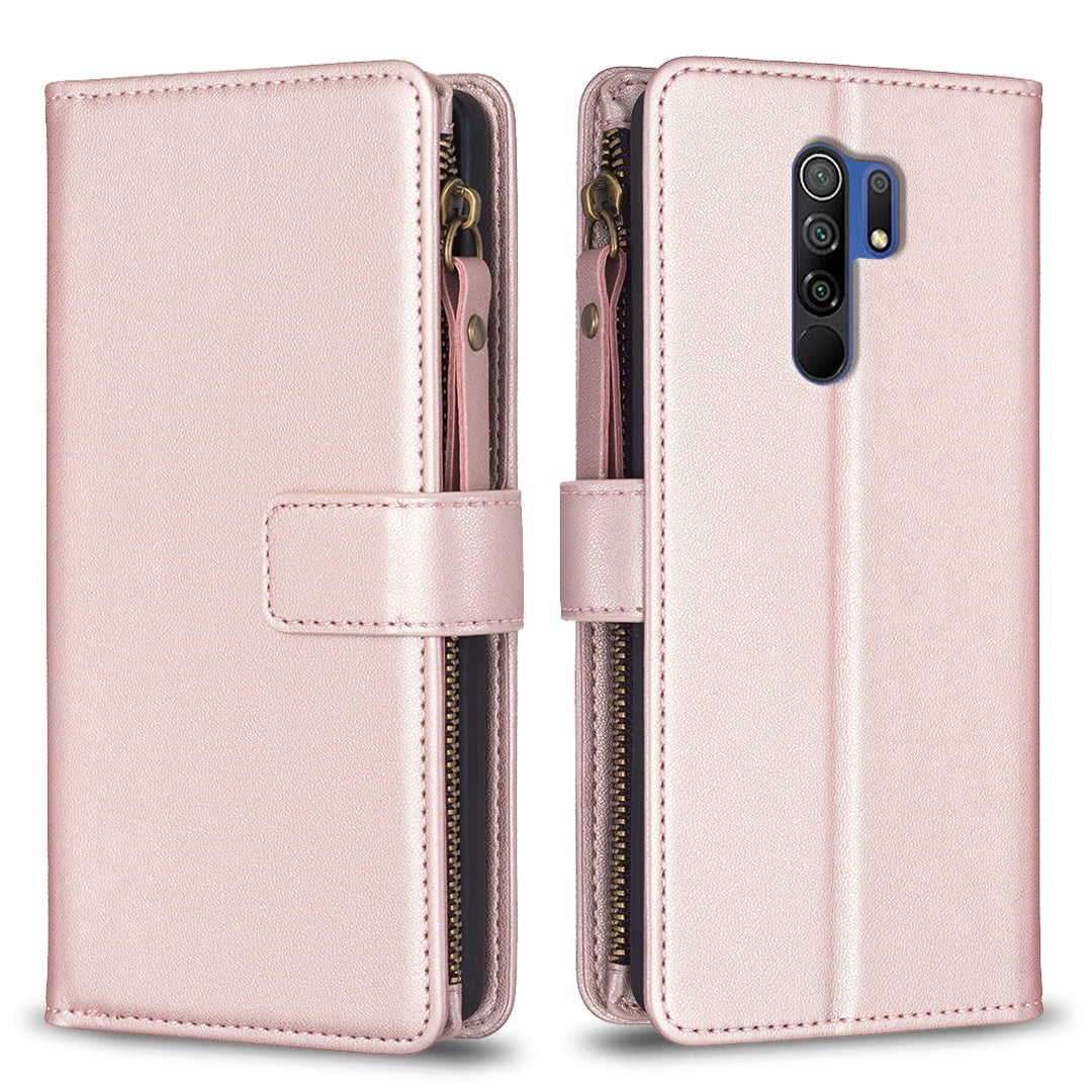 Xiaomi Redmi 9 Leather Flip Wallet Phone Case with 9 Card Slots, Zipper Compartment, and Adjustable Stand