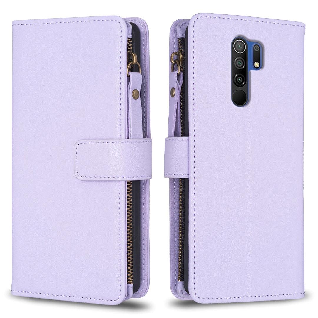Xiaomi Redmi 9 Leather Flip Wallet Phone Case with 9 Card Slots, Zipper Compartment, and Adjustable Stand