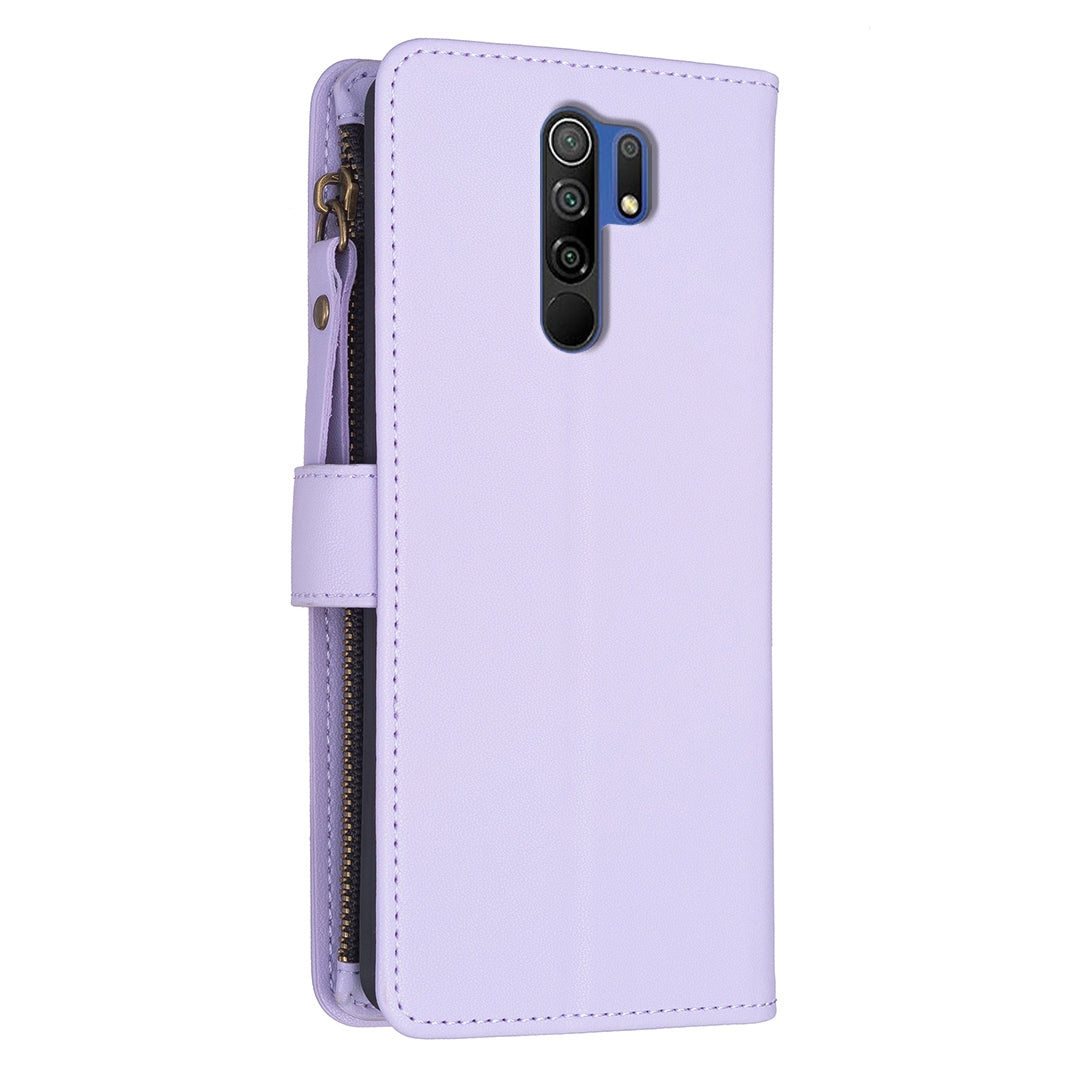 Xiaomi Redmi 9 Leather Flip Wallet Phone Case with 9 Card Slots, Zipper Compartment, and Adjustable Stand