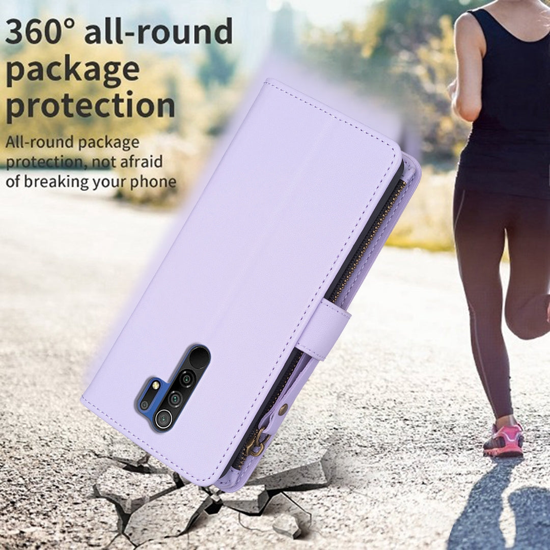 Xiaomi Redmi 9 Leather Flip Wallet Phone Case with 9 Card Slots, Zipper Compartment, and Adjustable Stand