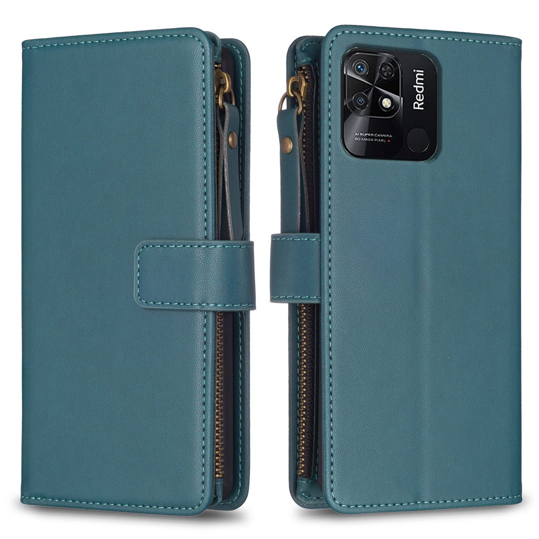 Xiaomi Redmi 10C Leather Flip Wallet Phone Case with 9 Card Slots, Zipper Compartment, and Adjustable Stand