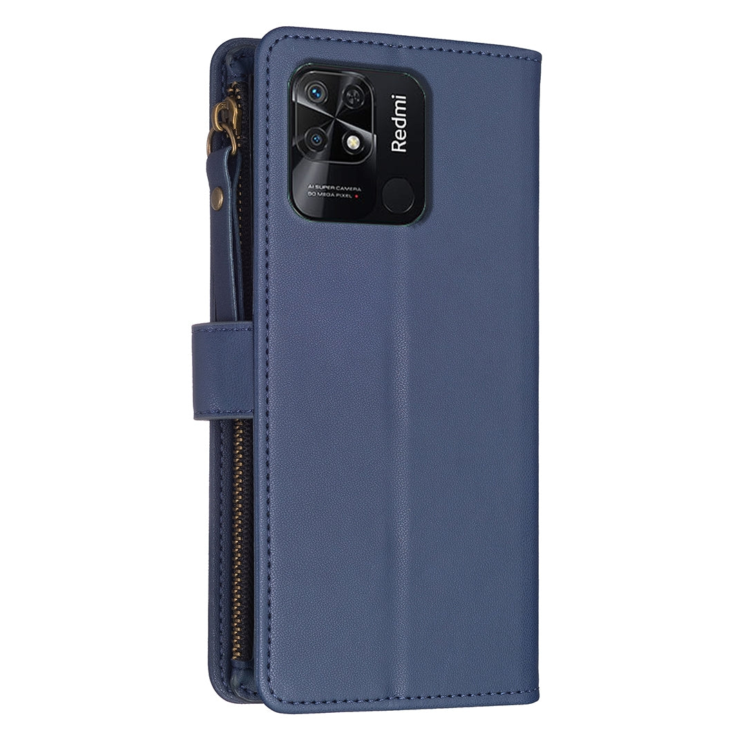 Xiaomi Redmi 10C Leather Flip Wallet Phone Case with 9 Card Slots, Zipper Compartment, and Adjustable Stand