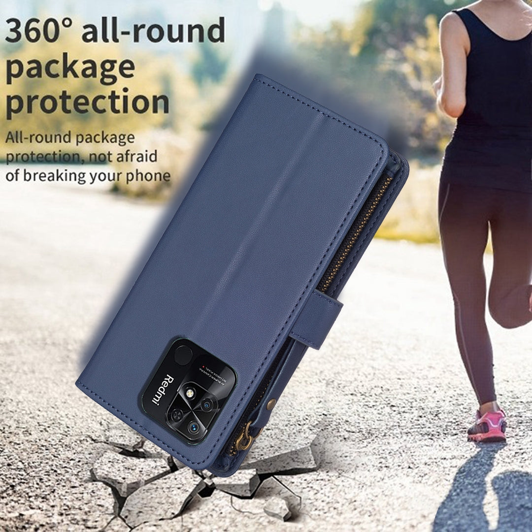 Xiaomi Redmi 10C Leather Flip Wallet Phone Case with 9 Card Slots, Zipper Compartment, and Adjustable Stand
