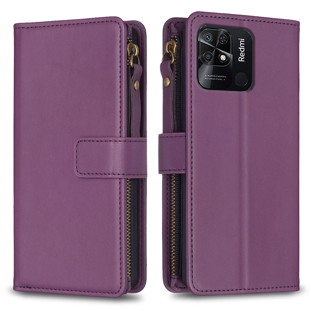 Xiaomi Redmi 10C Leather Flip Wallet Phone Case with 9 Card Slots, Zipper Compartment, and Adjustable Stand
