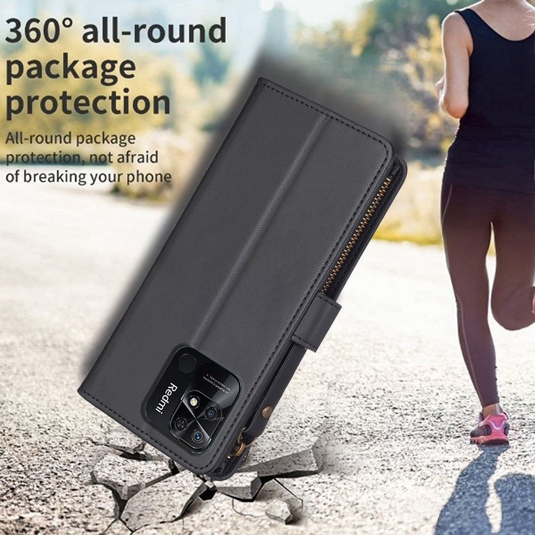 Xiaomi Redmi 10C Leather Flip Wallet Phone Case with 9 Card Slots, Zipper Compartment, and Adjustable Stand