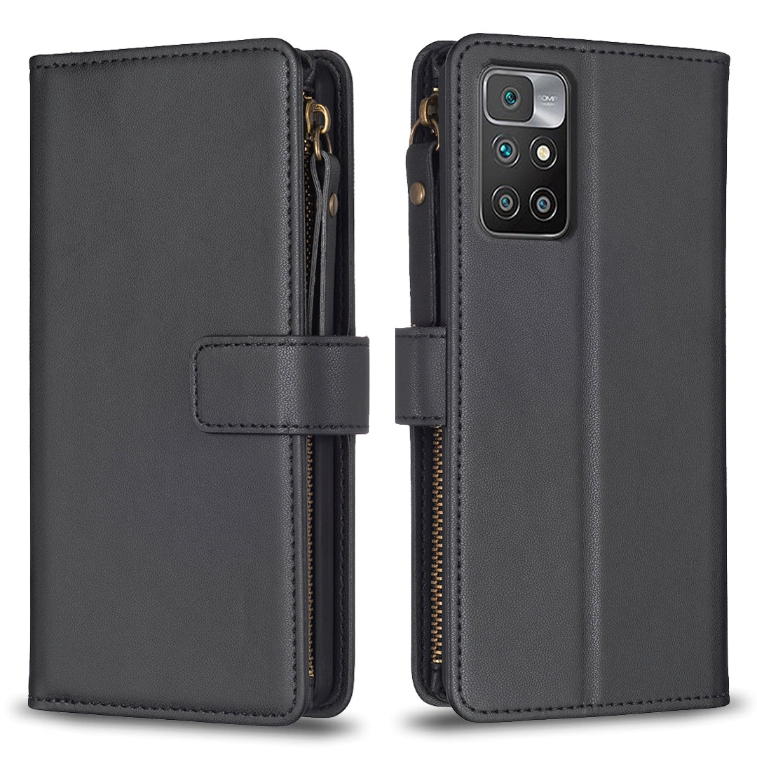 Xiaomi Redmi 10 Leather Flip Wallet Phone Case with 9 Card Slots, Zipper Compartment, and Adjustable Stand