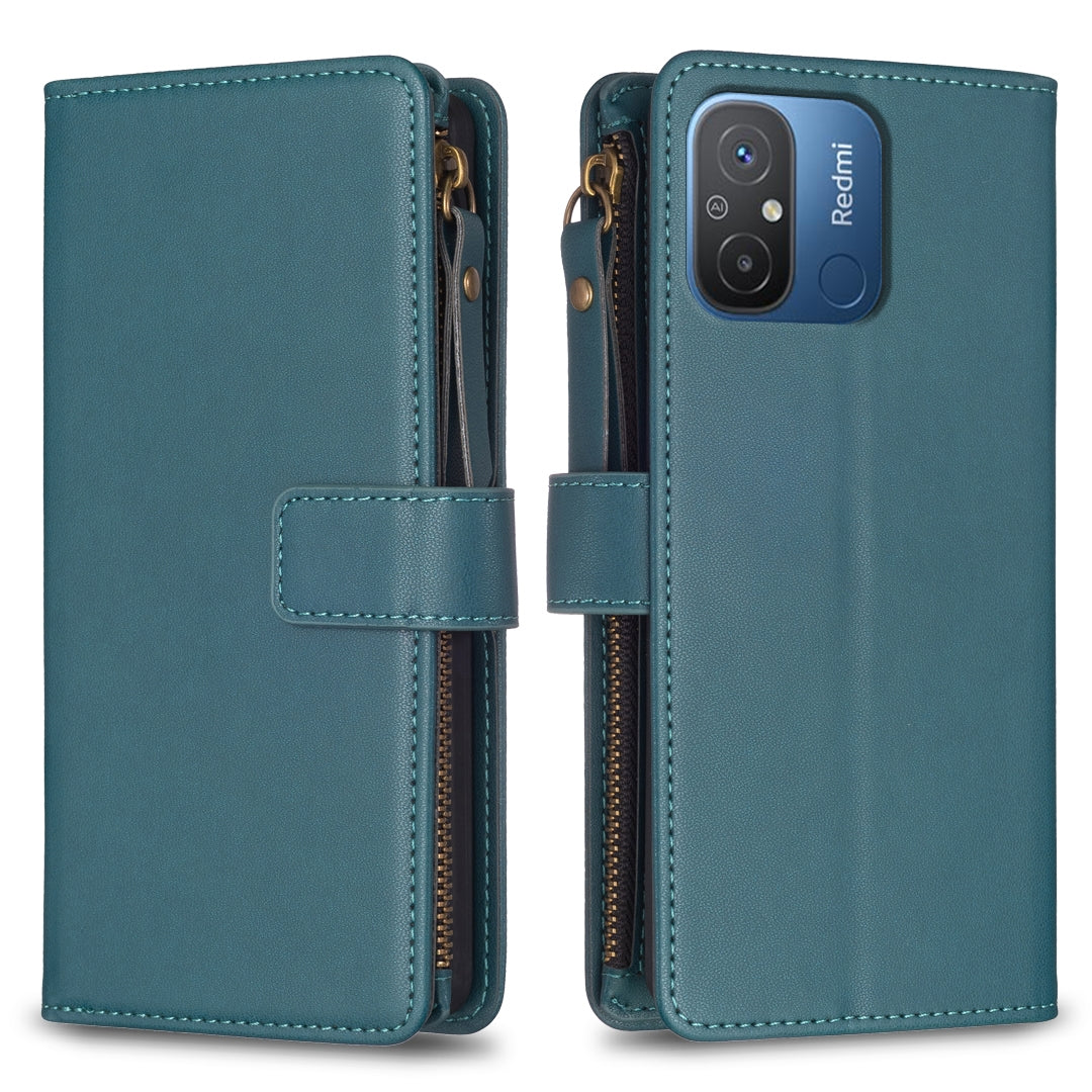 Xiaomi Redmi 12C Leather Flip Wallet Phone Case with 9 Card Slots, Zipper Compartment, and Adjustable Stand