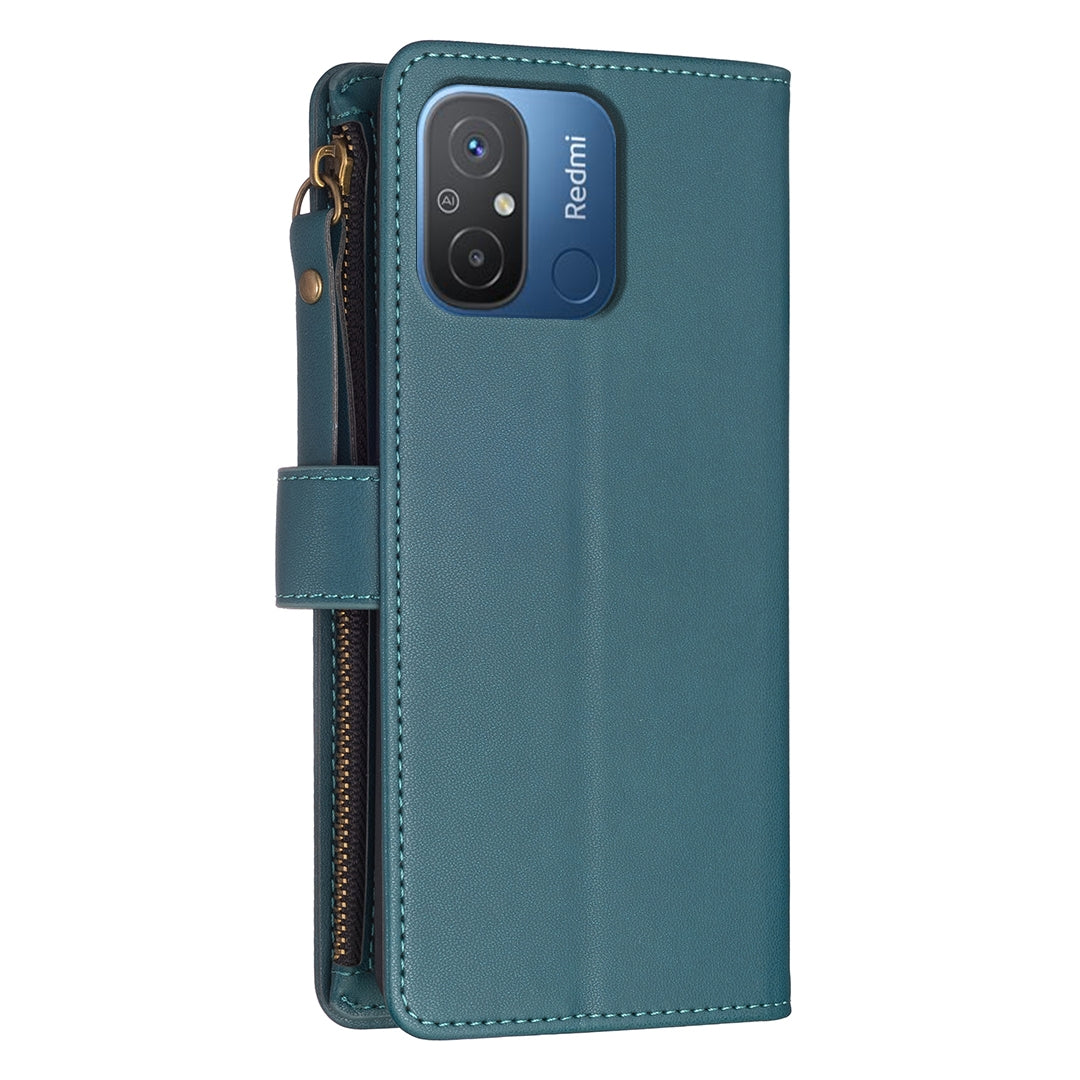 Xiaomi Redmi 12C Leather Flip Wallet Phone Case with 9 Card Slots, Zipper Compartment, and Adjustable Stand
