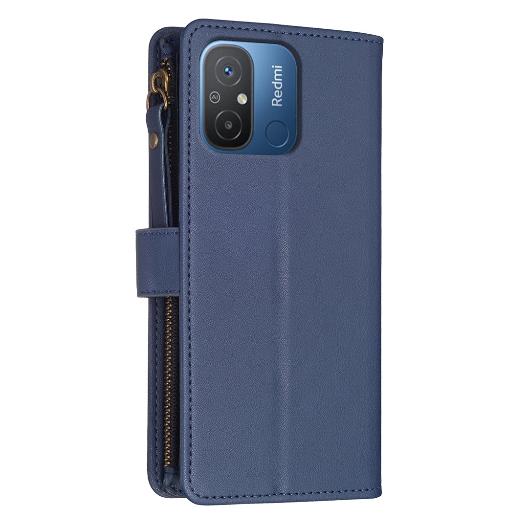 Xiaomi Redmi 12C Leather Flip Wallet Phone Case with 9 Card Slots, Zipper Compartment, and Adjustable Stand