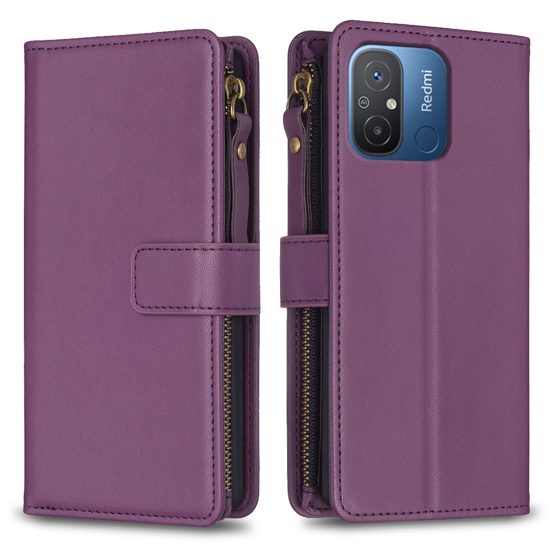 Xiaomi Redmi 12C Leather Flip Wallet Phone Case with 9 Card Slots, Zipper Compartment, and Adjustable Stand