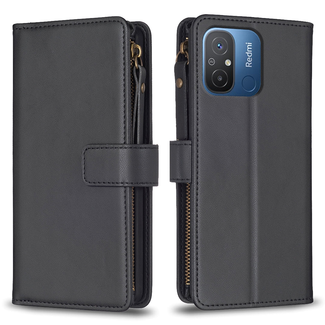 Xiaomi Redmi 12C Leather Flip Wallet Phone Case with 9 Card Slots, Zipper Compartment, and Adjustable Stand