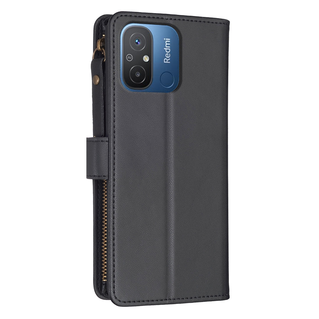 Xiaomi Redmi 12C Leather Flip Wallet Phone Case with 9 Card Slots, Zipper Compartment, and Adjustable Stand