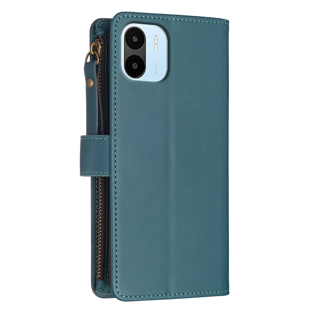 Xiaomi Redmi A2 Leather Flip Wallet Phone Case with 9 Card Slots, Zipper Compartment, and Adjustable Stand