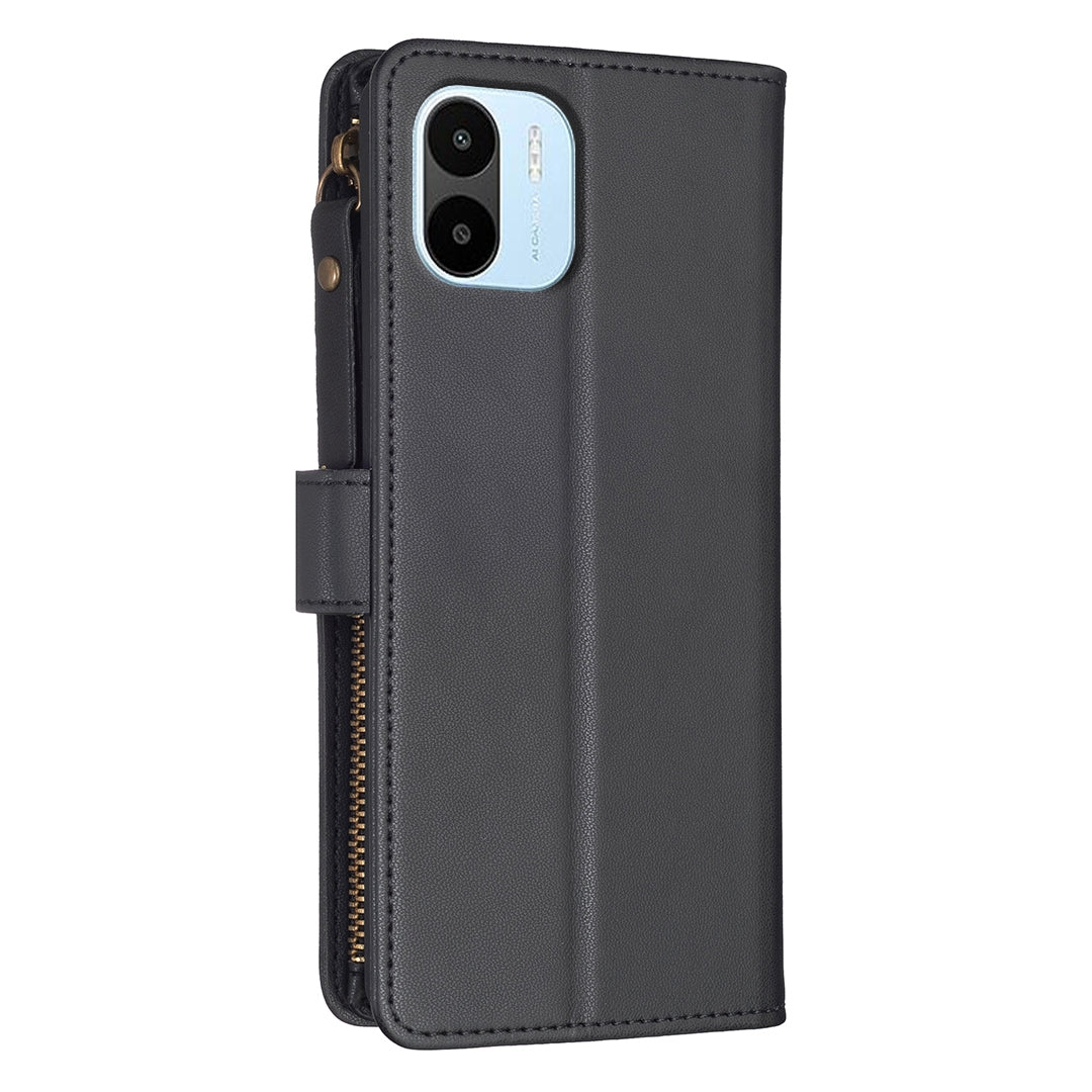 Xiaomi Redmi A2 Leather Flip Wallet Phone Case with 9 Card Slots, Zipper Compartment, and Adjustable Stand