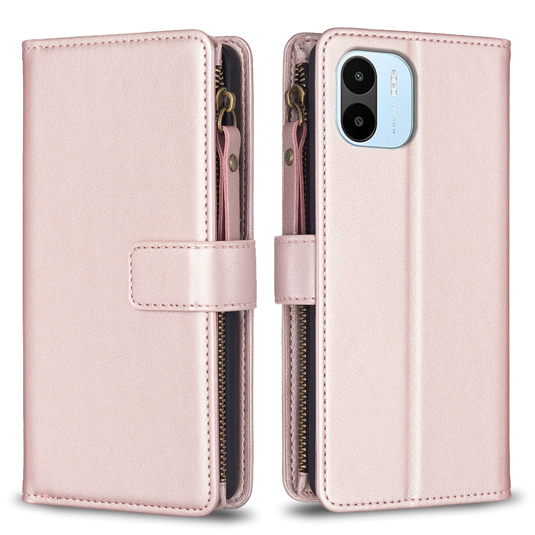 Xiaomi Redmi A2 Leather Flip Wallet Phone Case with 9 Card Slots, Zipper Compartment, and Adjustable Stand