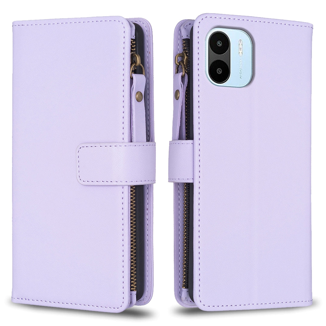 Xiaomi Redmi A1 Leather Flip Wallet Phone Case with 9 Card Slots, Zipper Compartment, and Adjustable Stand