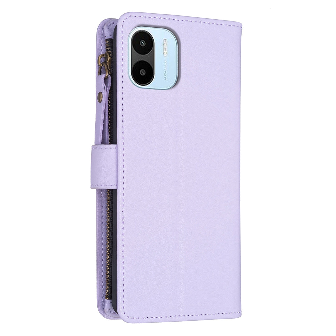 Xiaomi Redmi A2 Leather Flip Wallet Phone Case with 9 Card Slots, Zipper Compartment, and Adjustable Stand