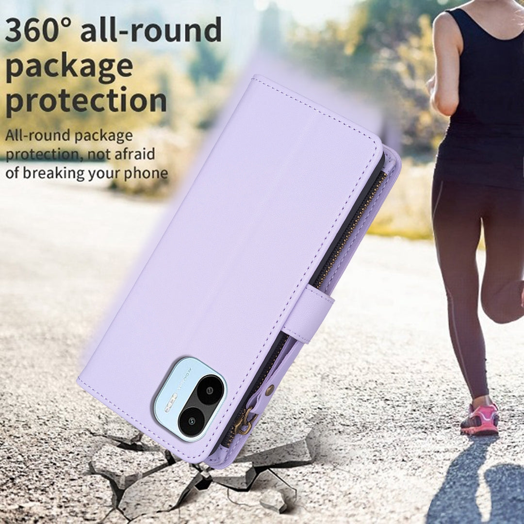Xiaomi Redmi A2 Leather Flip Wallet Phone Case with 9 Card Slots, Zipper Compartment, and Adjustable Stand
