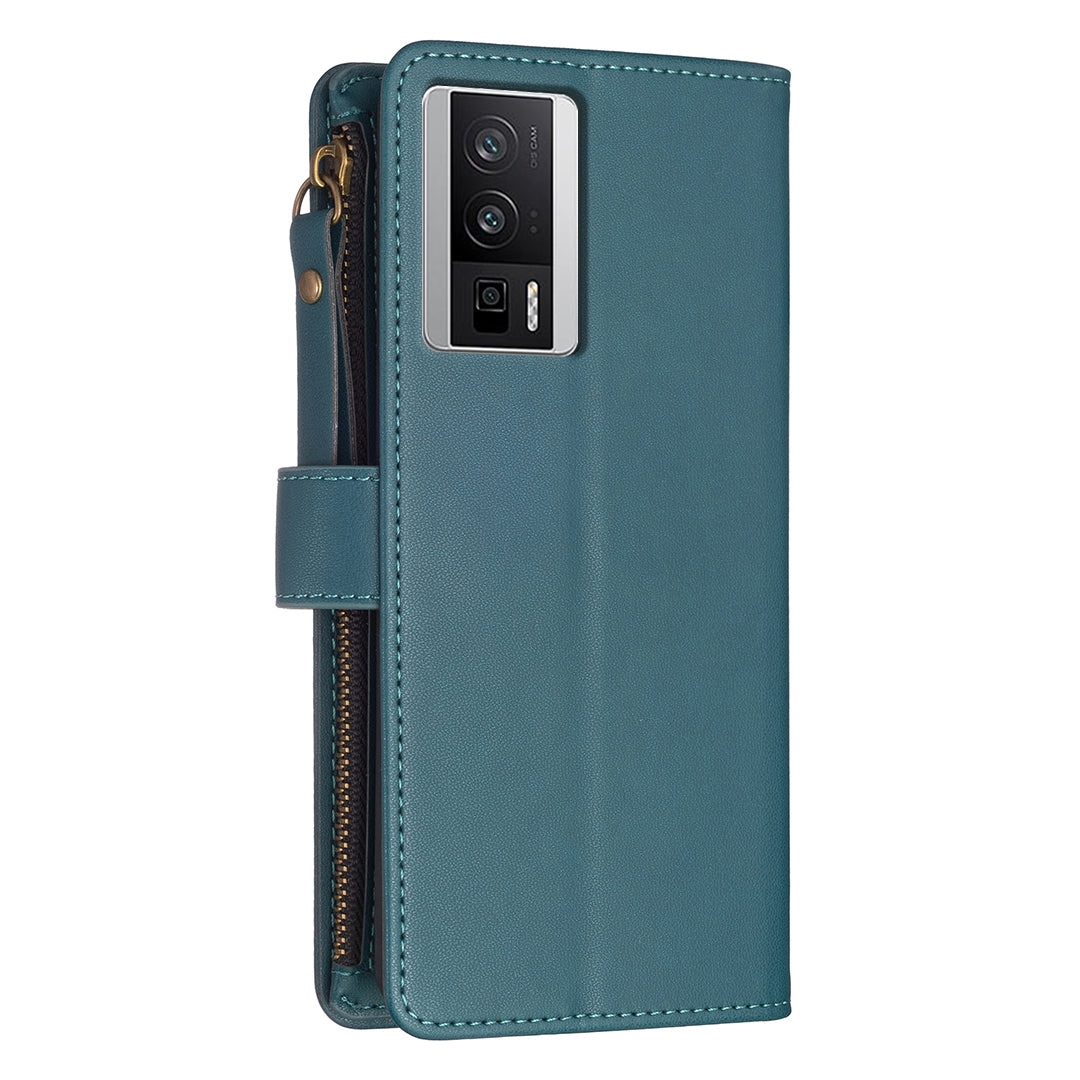 Xiaomi Redmi K60 Leather Flip Wallet Phone Case with 9 Card Slots, Zipper Compartment, and Adjustable Stand