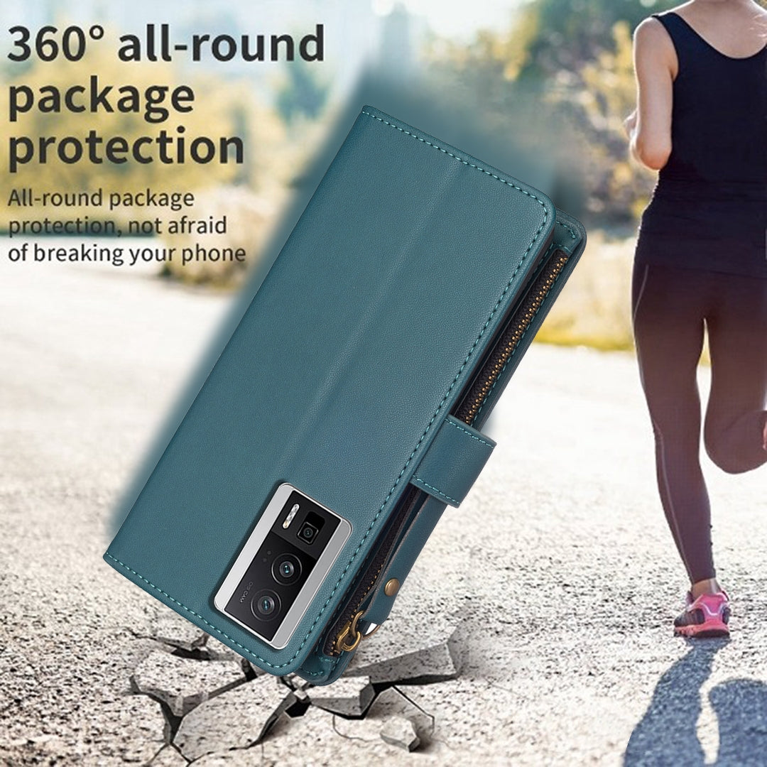 Xiaomi Redmi K60 Pro Leather Flip Wallet Phone Case with 9 Card Slots, Zipper Compartment, and Adjustable Stand