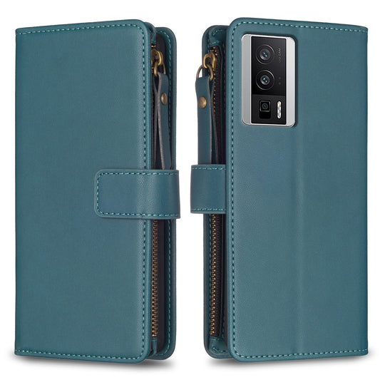 Xiaomi Redmi K60 Pro Leather Flip Wallet Phone Case with 9 Card Slots, Zipper Compartment, and Adjustable Stand