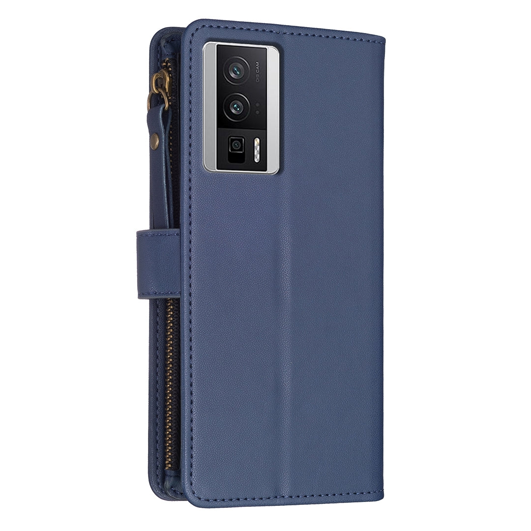 Xiaomi Redmi K60 Pro Leather Flip Wallet Phone Case with 9 Card Slots, Zipper Compartment, and Adjustable Stand