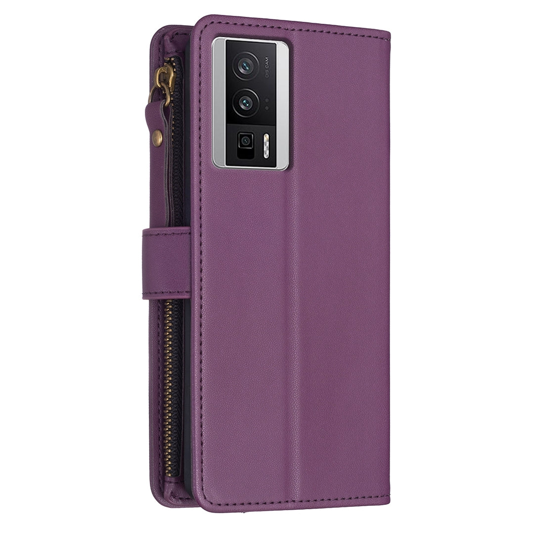 Xiaomi Redmi K60 Pro Leather Flip Wallet Phone Case with 9 Card Slots, Zipper Compartment, and Adjustable Stand