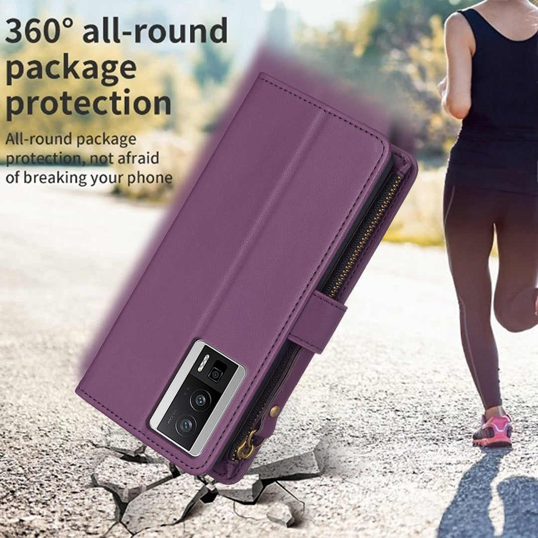 Xiaomi Redmi K60 Pro Leather Flip Wallet Phone Case with 9 Card Slots, Zipper Compartment, and Adjustable Stand