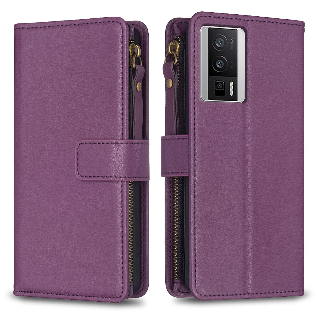 Xiaomi Redmi K60 Pro Leather Flip Wallet Phone Case with 9 Card Slots, Zipper Compartment, and Adjustable Stand