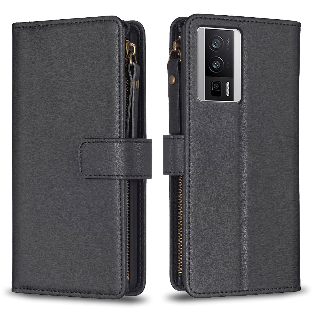 Xiaomi Redmi K60 Pro Leather Flip Wallet Phone Case with 9 Card Slots, Zipper Compartment, and Adjustable Stand
