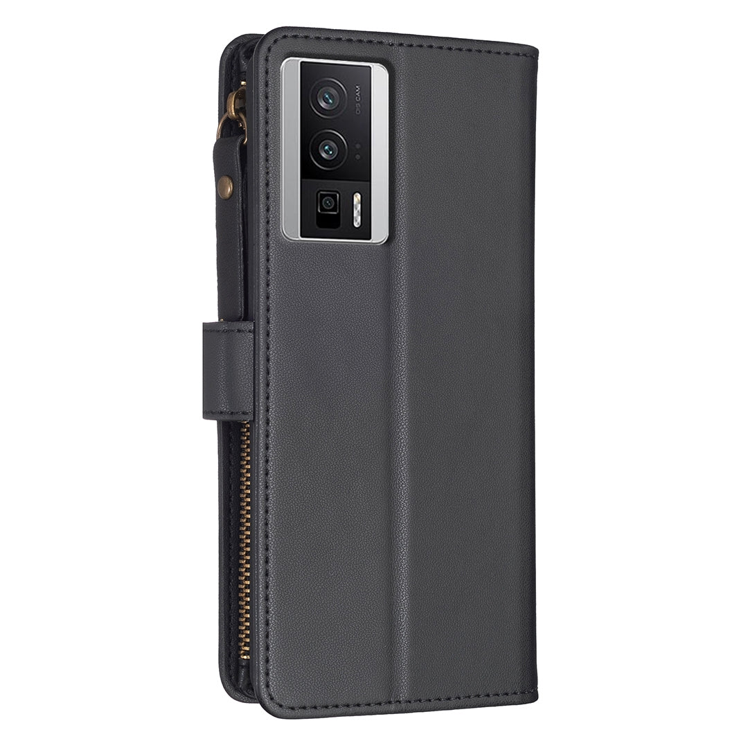Xiaomi Redmi K60 Pro Leather Flip Wallet Phone Case with 9 Card Slots, Zipper Compartment, and Adjustable Stand
