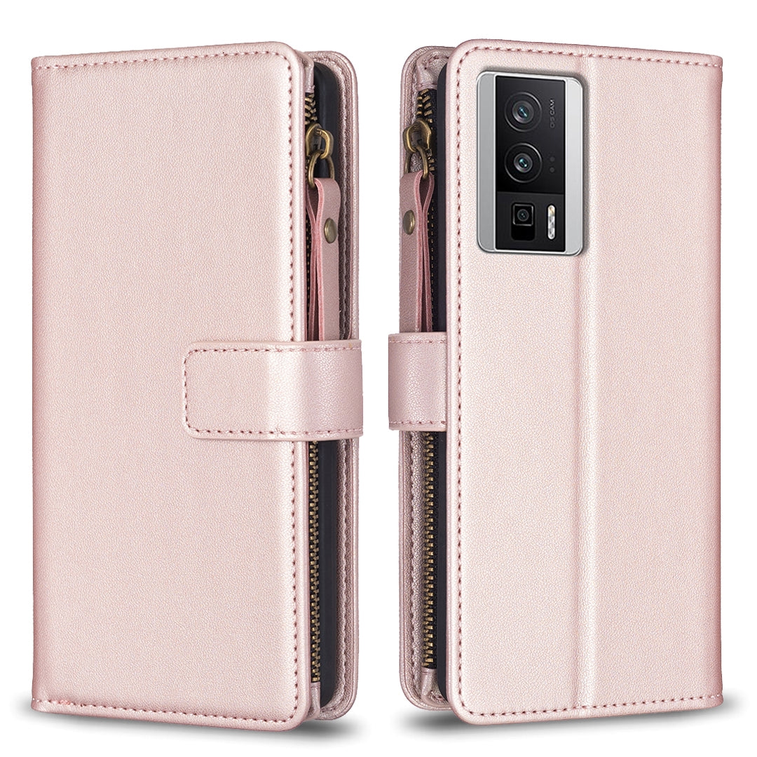 Xiaomi Redmi K60 Leather Flip Wallet Phone Case with 9 Card Slots, Zipper Compartment, and Adjustable Stand