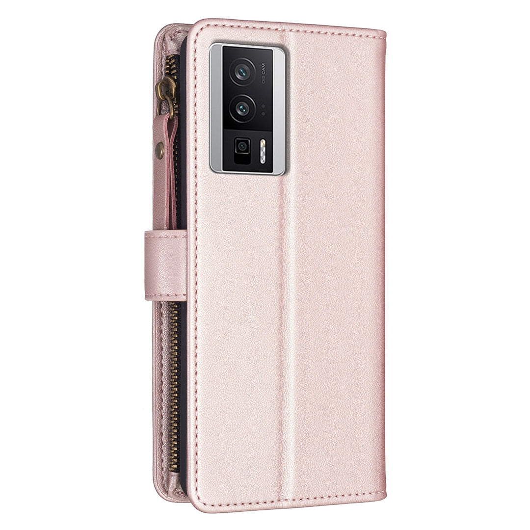 Xiaomi Redmi K60 Leather Flip Wallet Phone Case with 9 Card Slots, Zipper Compartment, and Adjustable Stand