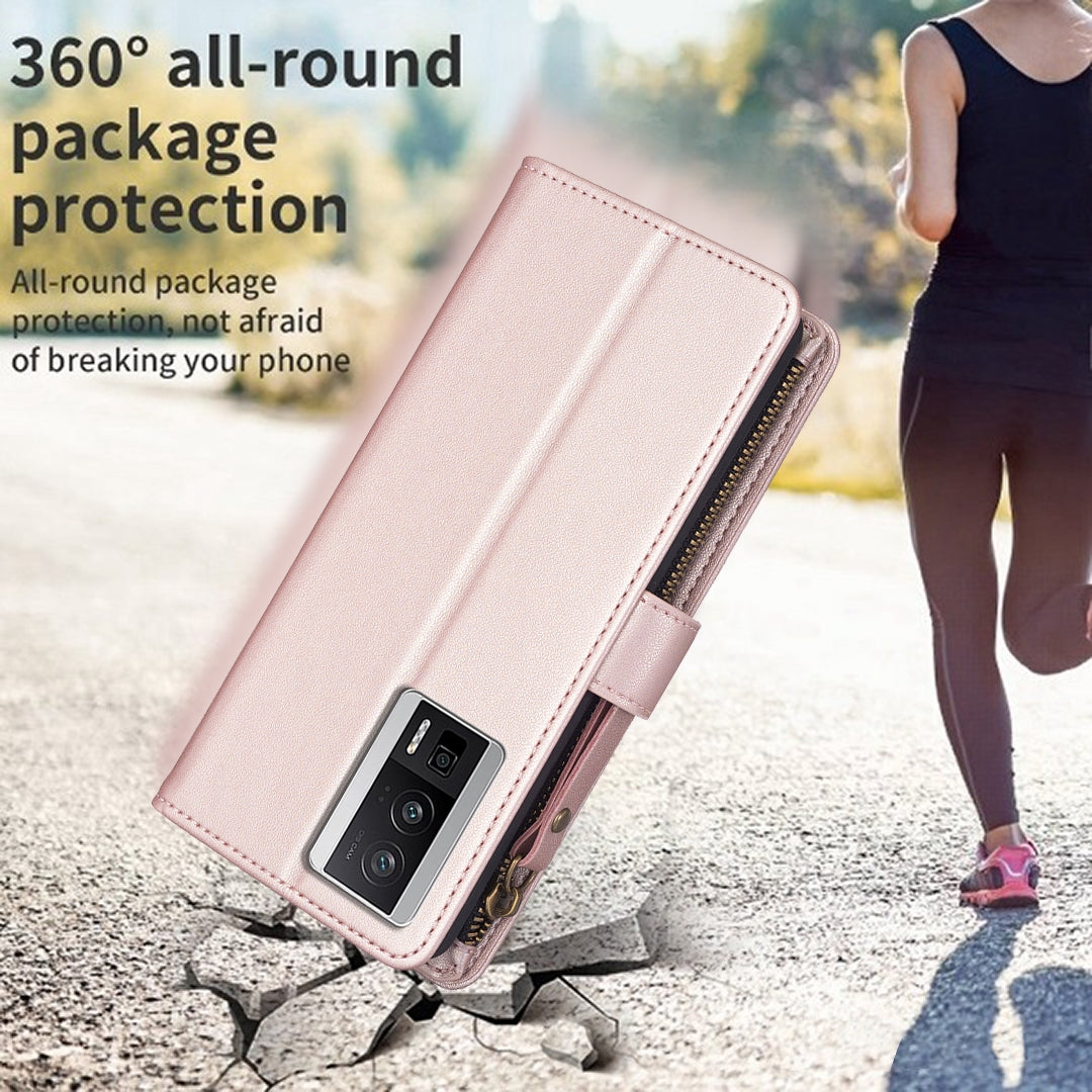 Xiaomi Redmi K60 Leather Flip Wallet Phone Case with 9 Card Slots, Zipper Compartment, and Adjustable Stand